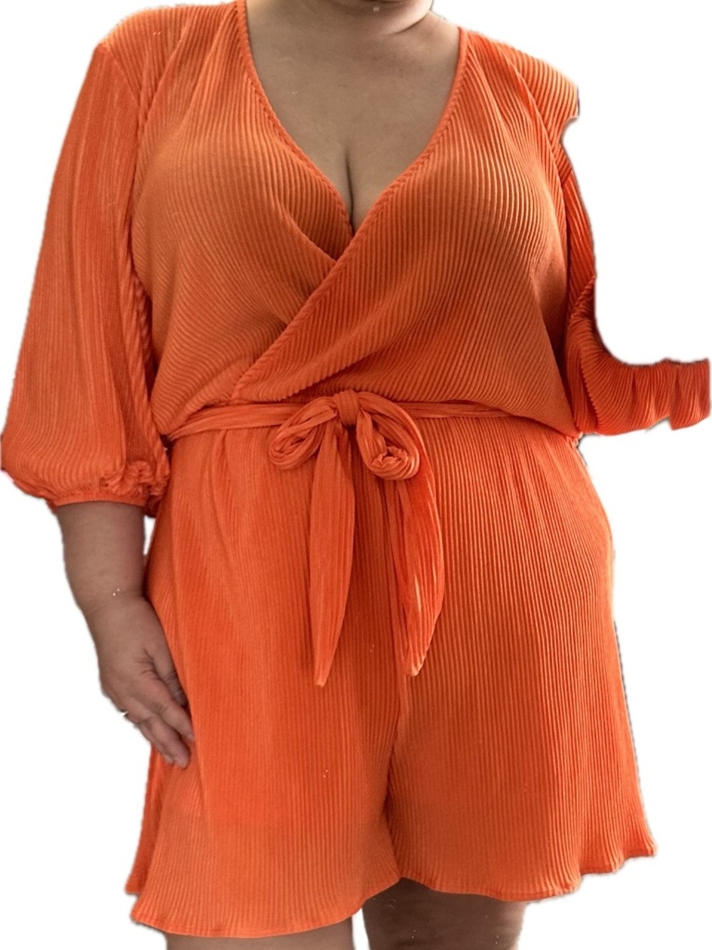 🇺🇸 Sale White Birch Orange Pleated Wrap Romper with Self-Tie Waist